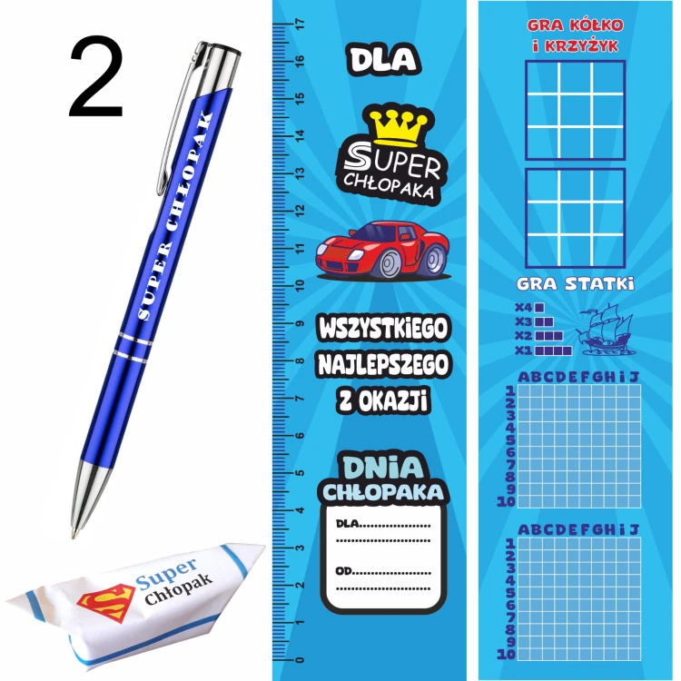 PREZENT- 3w1  -NA DZIEŃ CHŁOPAKA -ZAKŁADKA -LINIJKA 2X GRA+ DŁUGOPIS+ KRÓWKA
